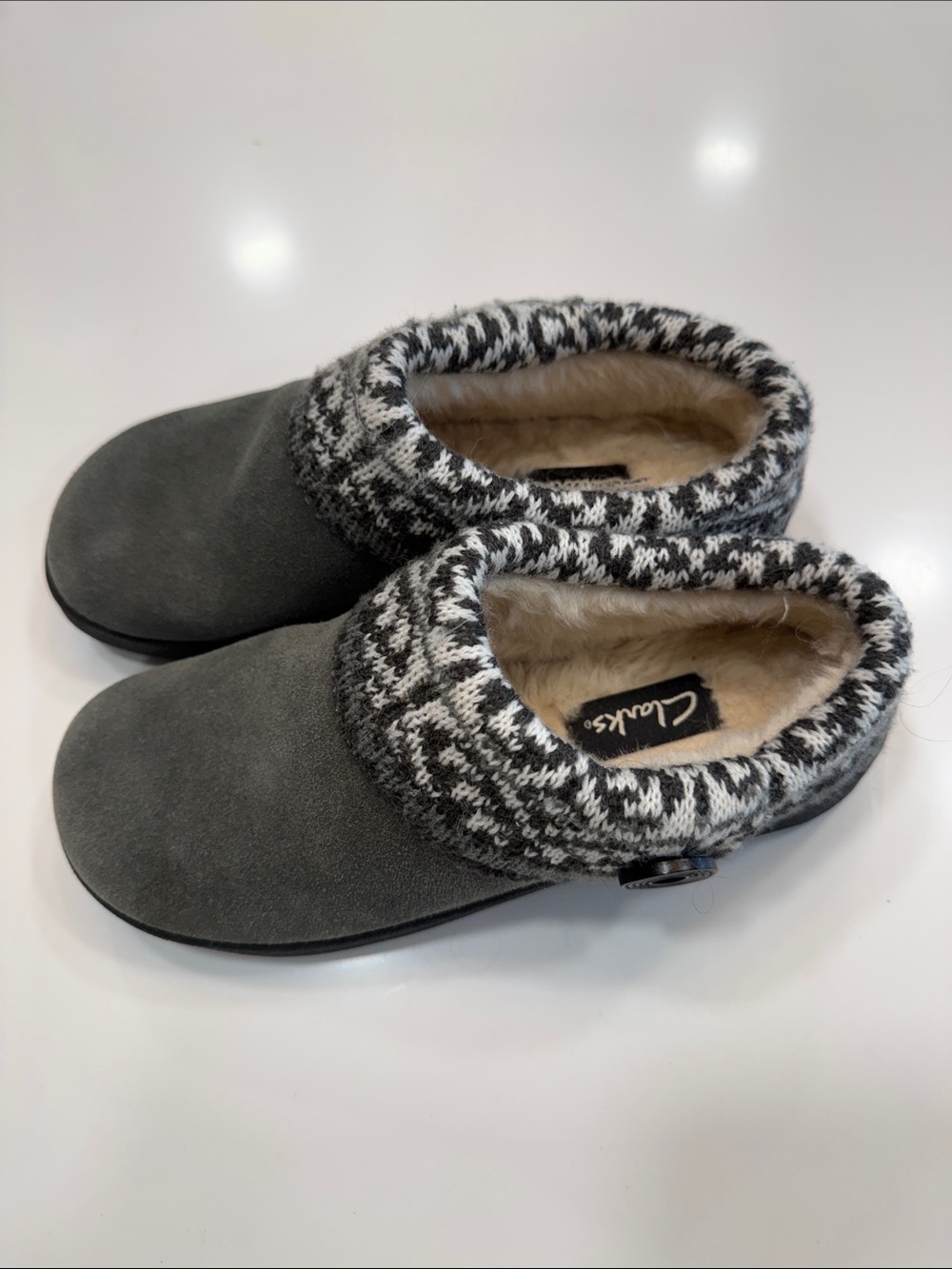 Clarks Gray Suede Slip-On Slippers with Black & White Knit Cuff